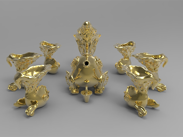 金色的尊贵的茶具套装，3D打印的茶具套